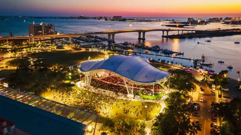 The BayCare Sound lit up at night