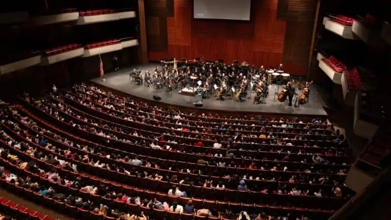 aerial view of a live orchestra on stage at a performing arts venue