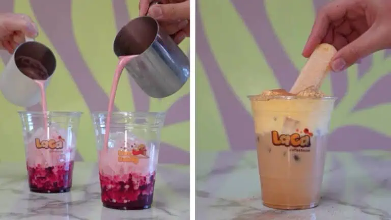 A pair of images of coffee and Matcha drinks