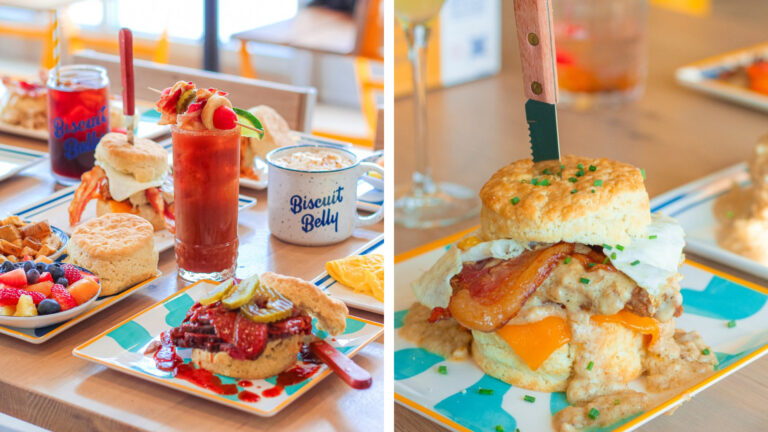 Biscuits and other food on a table at Biscuit Belly