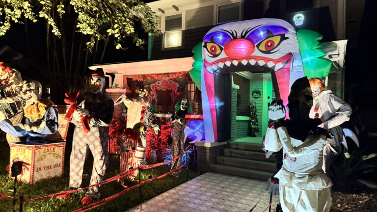 "A house decorated for Halloween"
