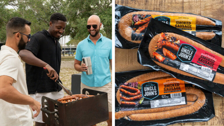People grilling sausage by Uncle John's Pride